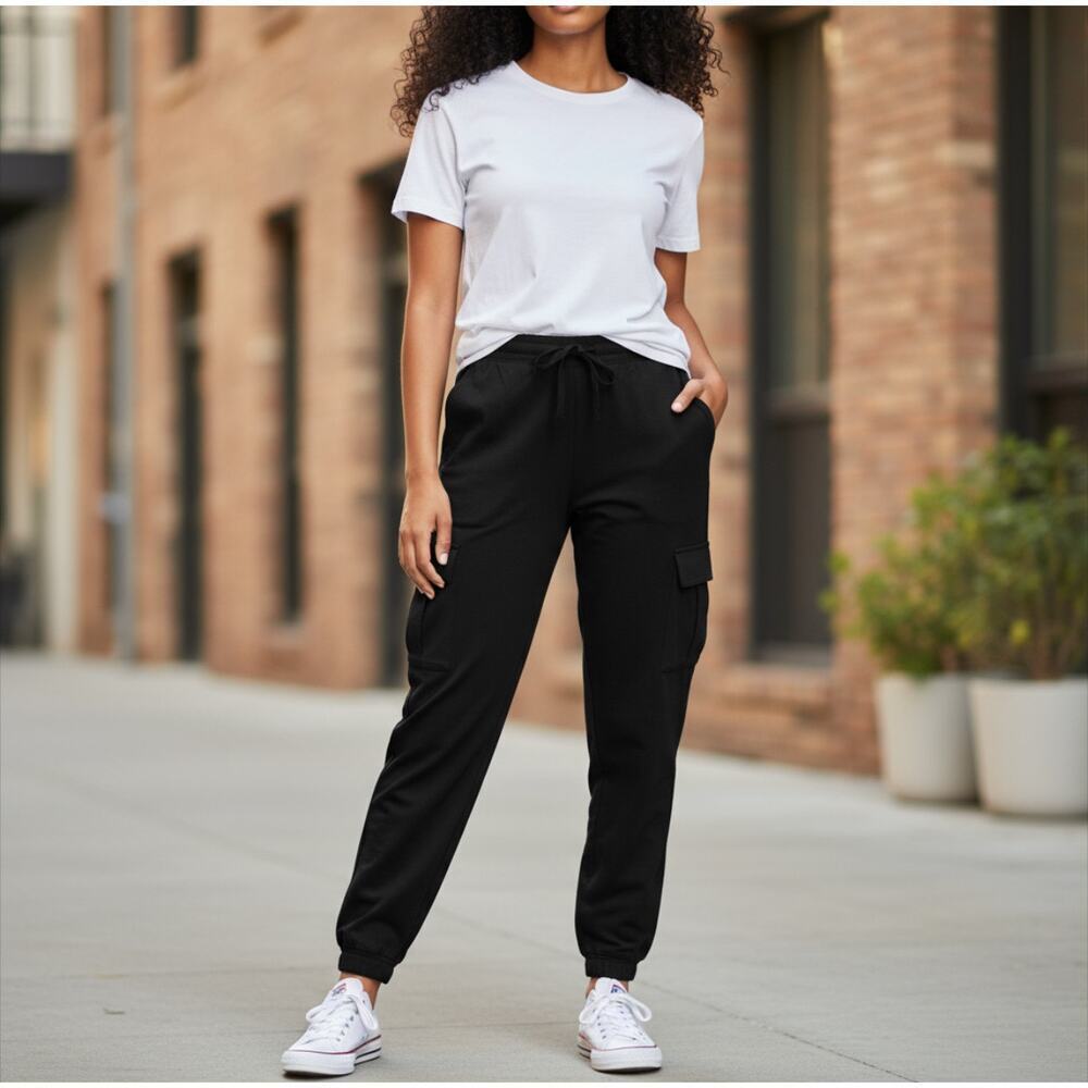 BBJ Los Angeles Drawstring High Rise Cargo Jogger Pants Black Women's Size M NWT